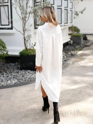 SHEIN LUNE Solid Drop Shoulder Curved He m Shirt Dress Without Belt